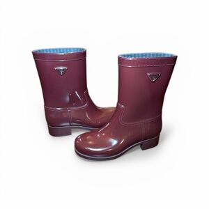 Prada Sport Rubber Rain Boots Bordeaux Sz 38 Logo Plaque Mid Calf